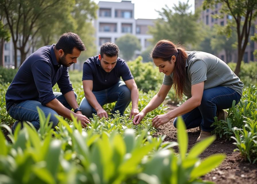 Equipo de Atlas Terra trabajando en jardín urbano sostenible en Medellín