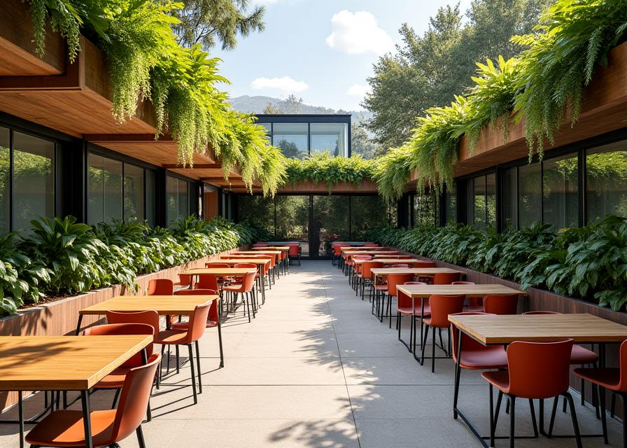 Espacio exterior de coworking con jardines verticales y zonas de sombra en Medellín