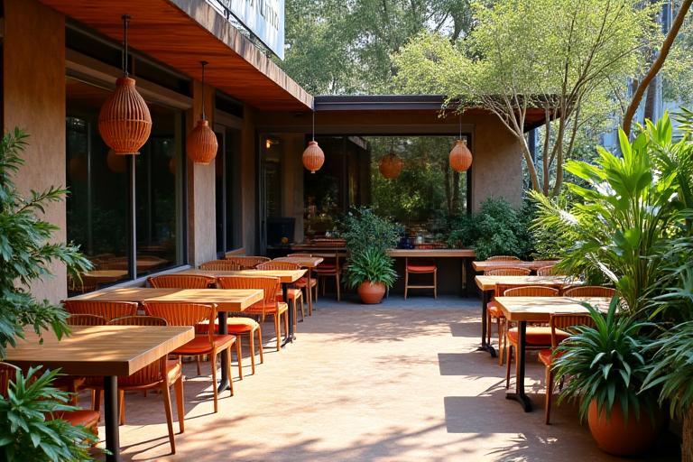 Diseño de patio exterior para restaurante en Medellín con plantas autóctonas